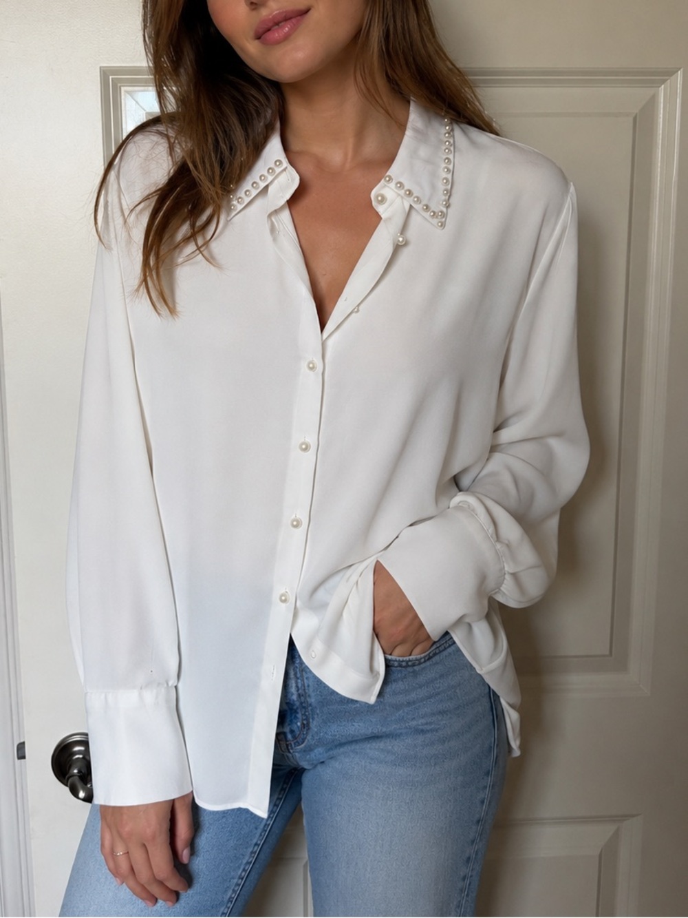 River Island White Pearl-Collar Button Down Blouse - size uk16 (US 12)